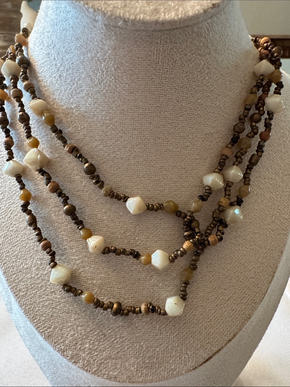 Multi-Strand Cream and Brown Beaded Necklace